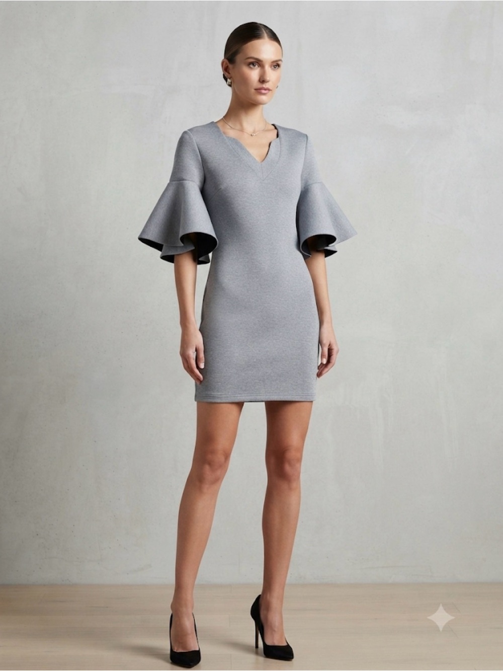Missguided Gray V-Neck Mini Dress with Statement Bell Sleeves